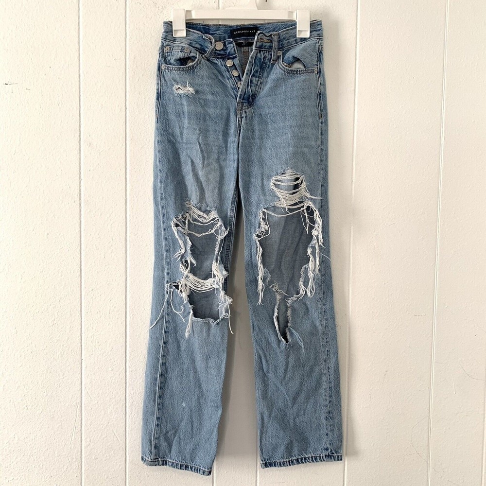 Aero Womens 00 Jeans 90s Baggy High Waist Straight Holes Destroyed Button Fly‎